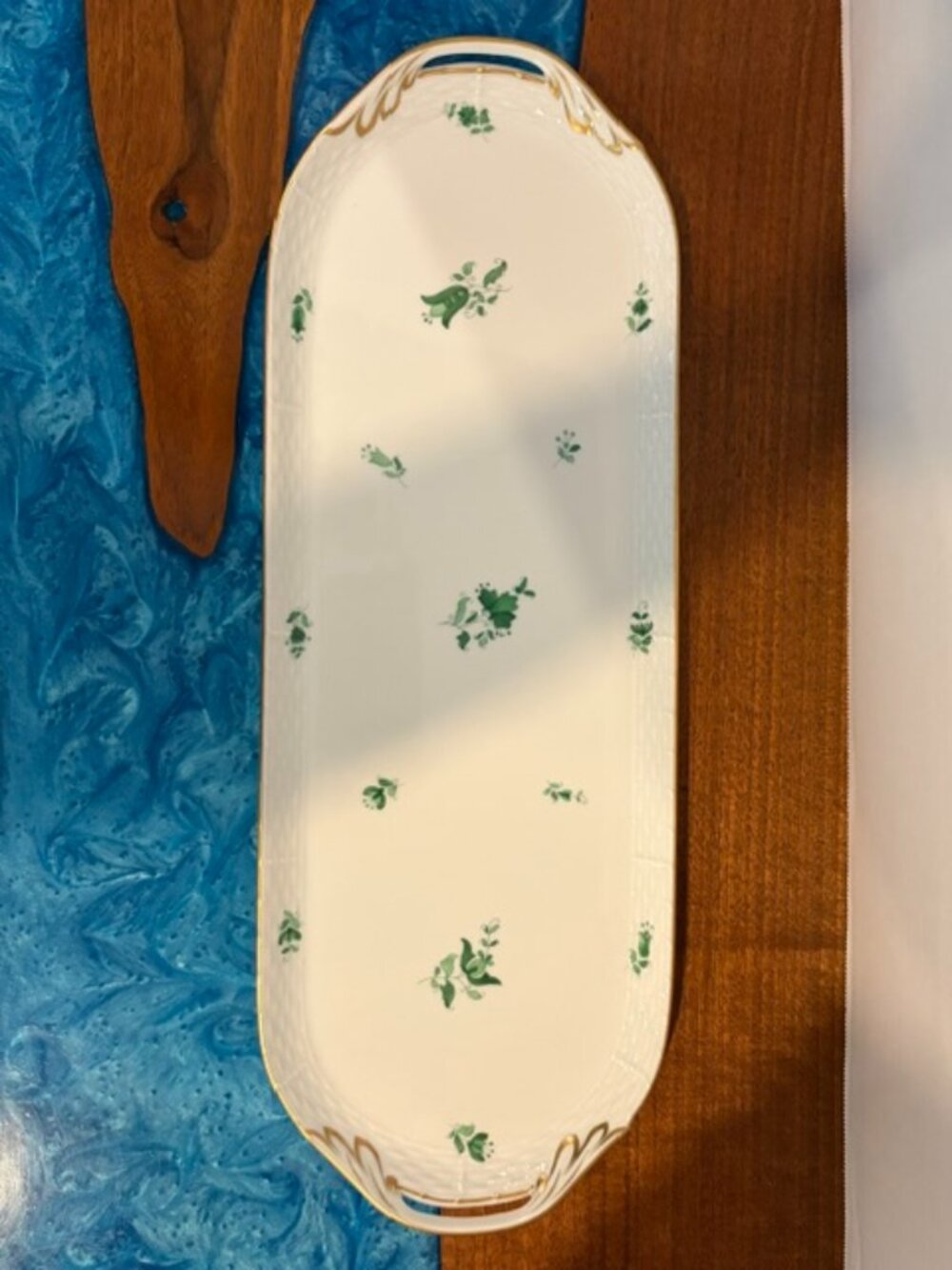 Vintage Herend Large 19.5" Green Floral Sandwich Bread Tray 435 - READ
